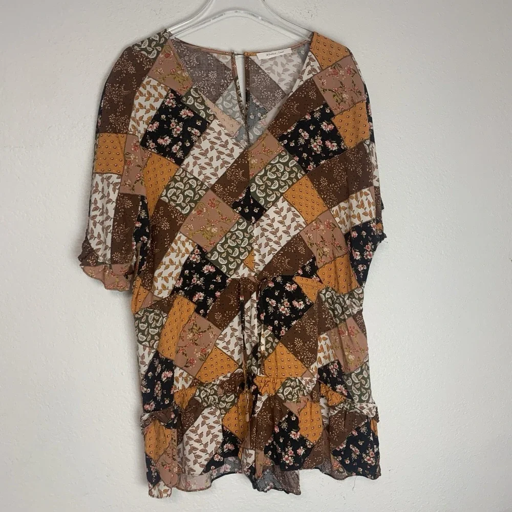 Mustard Seed Romper Womens Medium Boho‎ Patchwork Cottage Peasant Relaxed Fit M